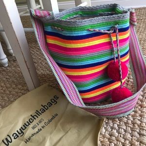 New: Wayuuchilabag Oversized Crossbody Bucket Bag with Pom Poms